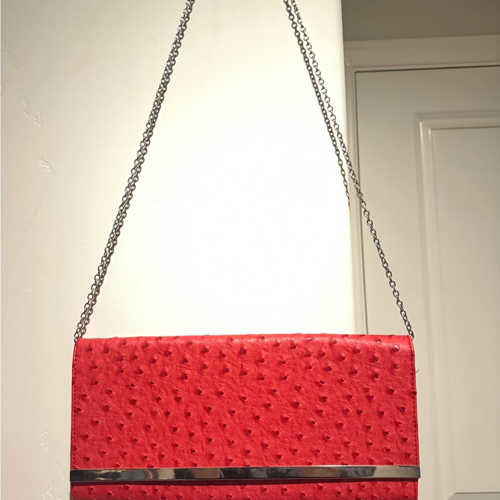 JustFab Red Ostrich-Texture Crossbody with Silver Chain